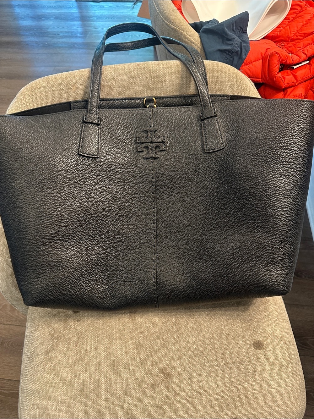 Tory Burch Black Pebbled Leather Tote with Logo Charm